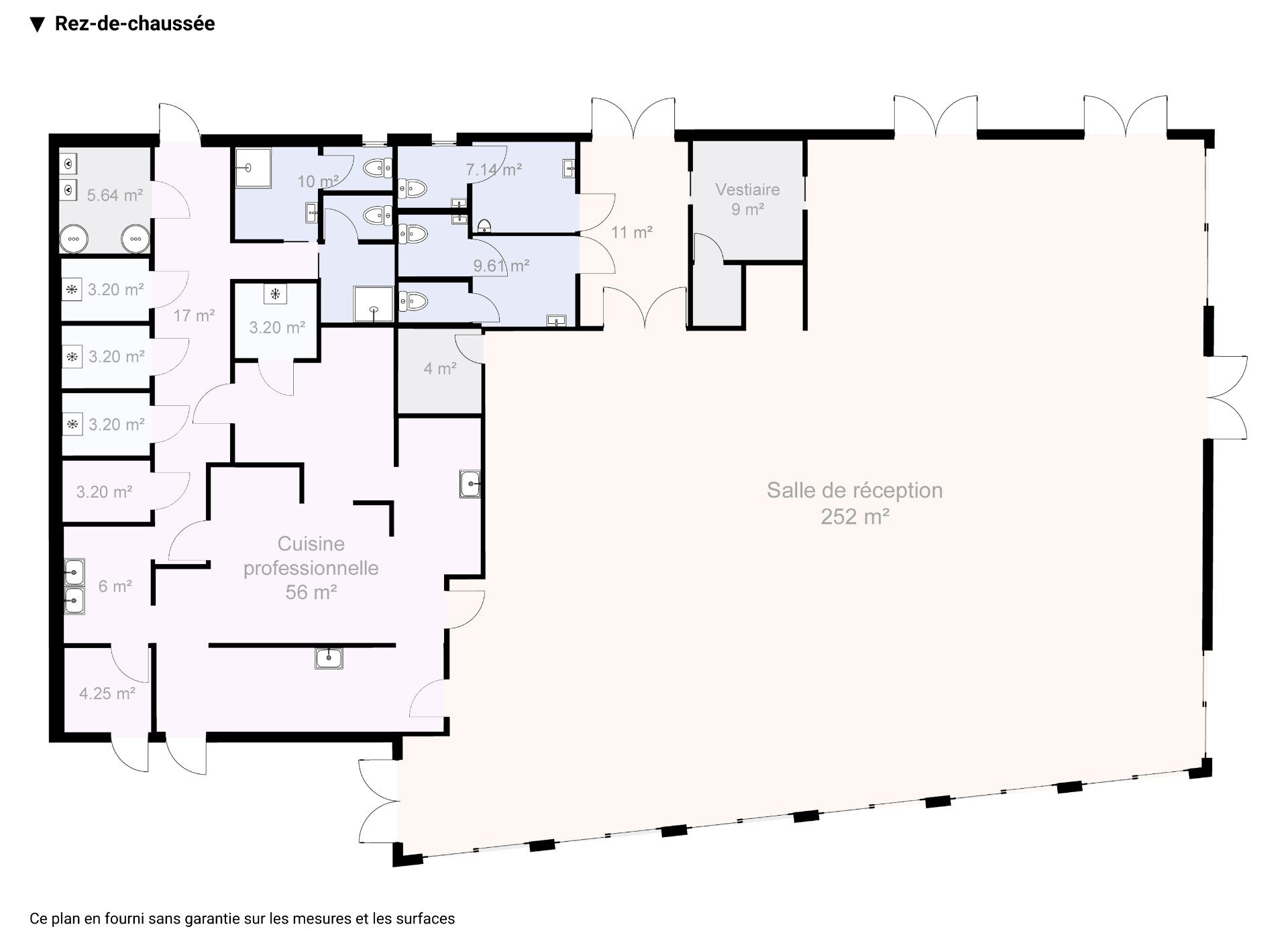 Plan du rez-de-chaussée — salle 252 m², cuisine 56 m², sanitaires et vestiaire
